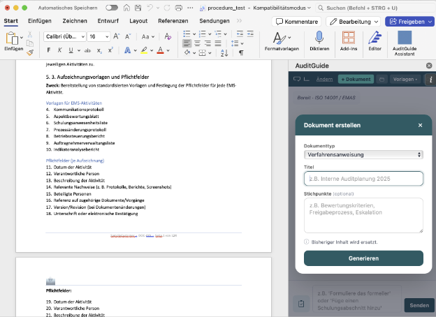 Create document – dialog